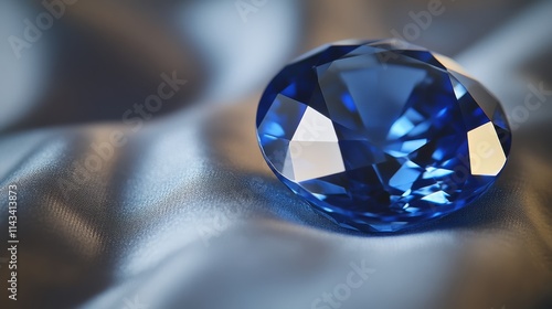 A brilliant blue gemstone rests elegantly on a smooth, shimmering fabric, reflecting light and showcasing its exquisite cut and clarity. photo