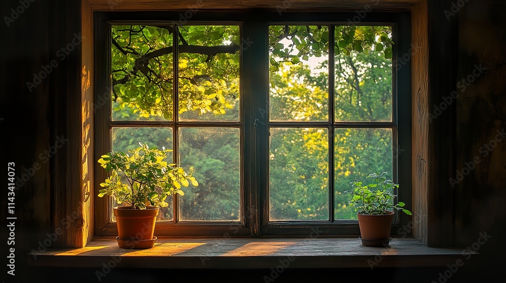 Fototapeta premium Sunlit Window with Lush Greenery and Tranquil View