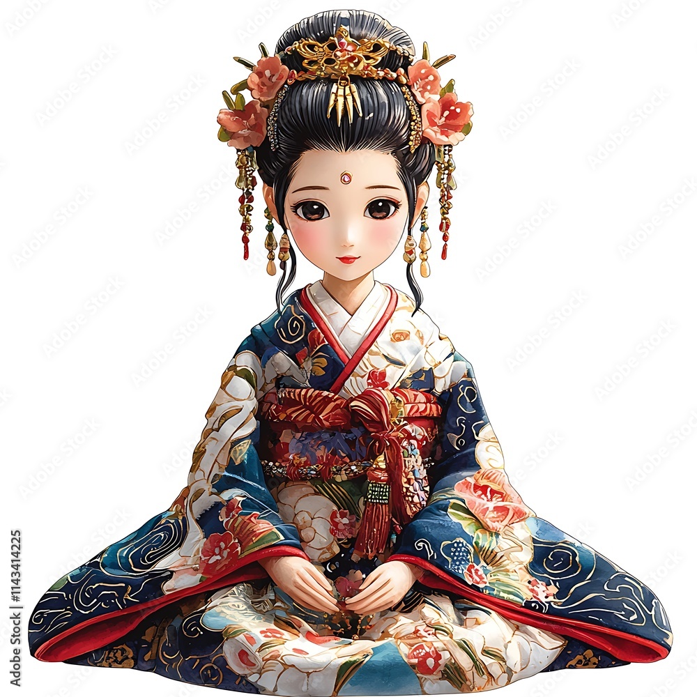 Elegant Asian Doll in Traditional Kimono, Digital Illustration. Elegant Asian Doll in Traditional Kimono, Digital Illustration.