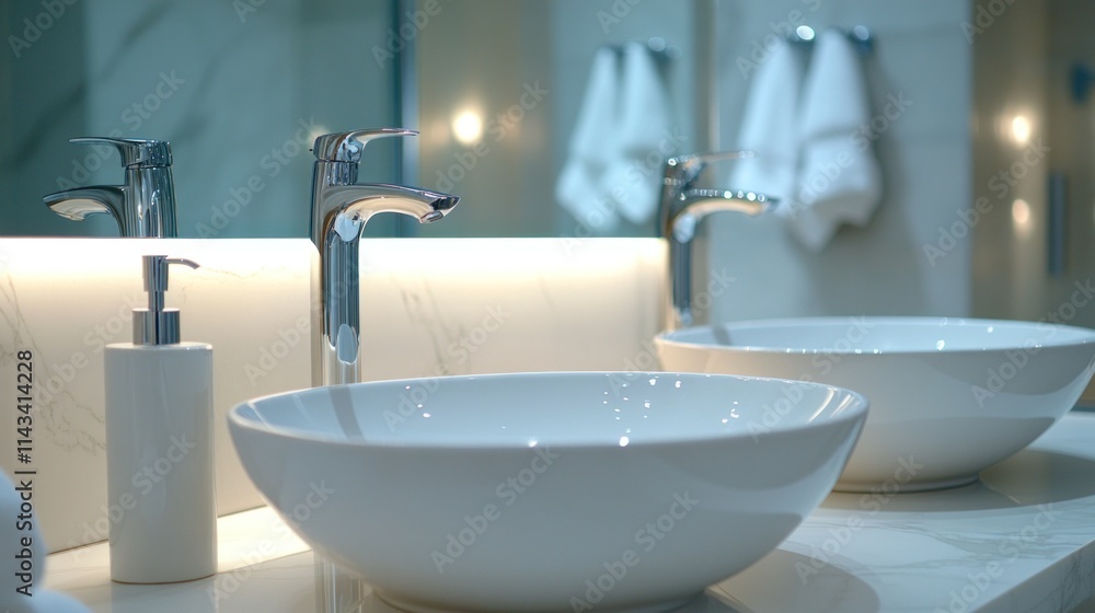 Fototapeta premium A minimalist bathroom with contemporary fixtures, a large mirror, and elegant white marble tiles, creating a luxurious and clean space for relaxation.