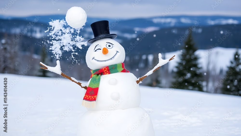 Obraz premium Playful Snowman Throwing Snowball Winter Fun