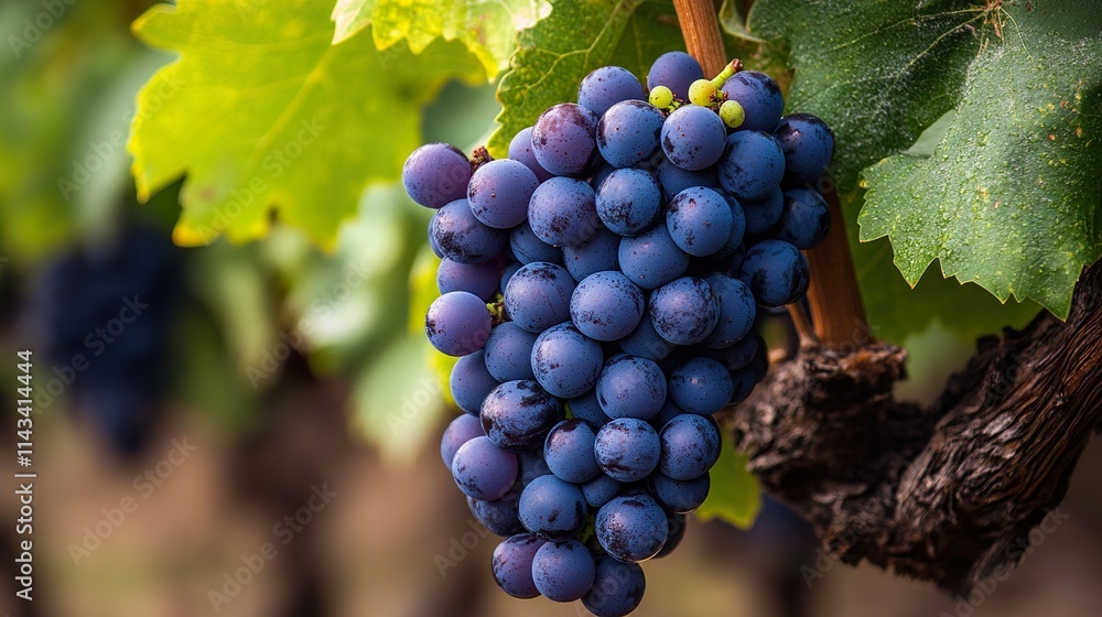 Naklejka premium Ripe Red Grapes Hanging on Vine: A Close-Up View