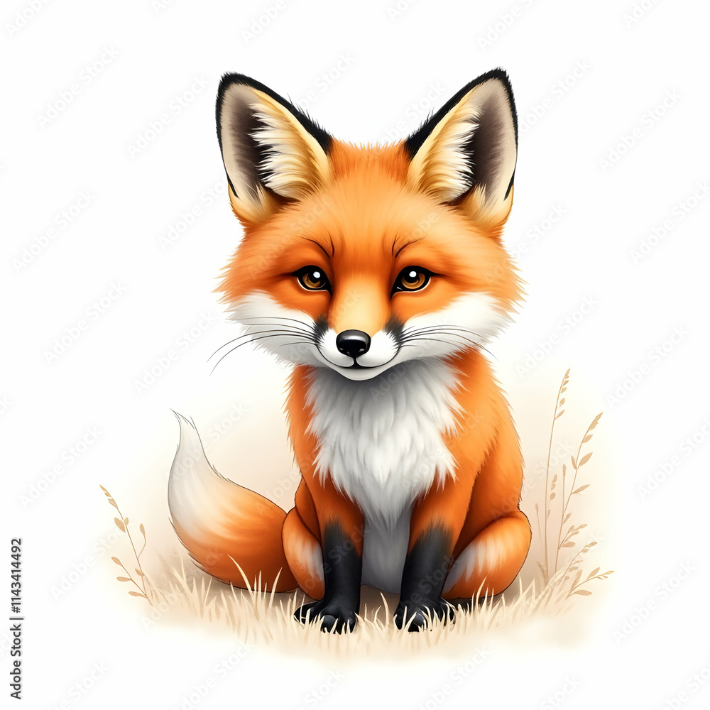 Obraz premium Adorable fox sitting in tall grass, a captivating digital illustration. Peaceful, serene, and whimsical.
