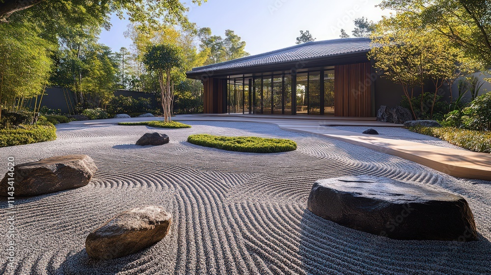 Obraz premium Serene zen garden, modern building backdrop.
