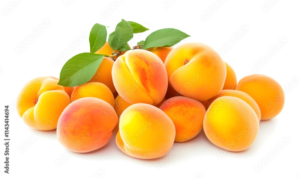 Pile of fresh apricots with green leaves, isolated on white. Pile of fresh apricots with green leaves, isolated on white.
