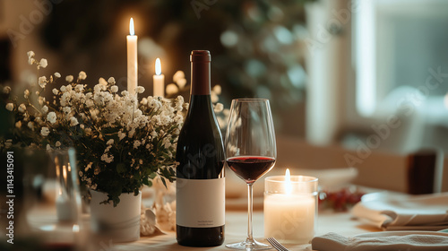 A table set for two with candles, flowers, and a bottle of wine, suggesting intimacy and special occasions