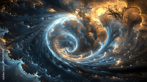 A swirled vortex of blue, silver, and gold abstractly embodies the concept of time, evoking a sense of timeless mystery and dynamism. Chronos. Illustration