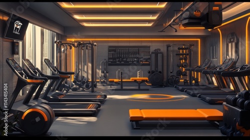 A modern gym scene featuring grey walls with orange accents, fitness equipment such as treadmills and free weights, and soft lighting, creating a dynamic and motivating workout environment. photo