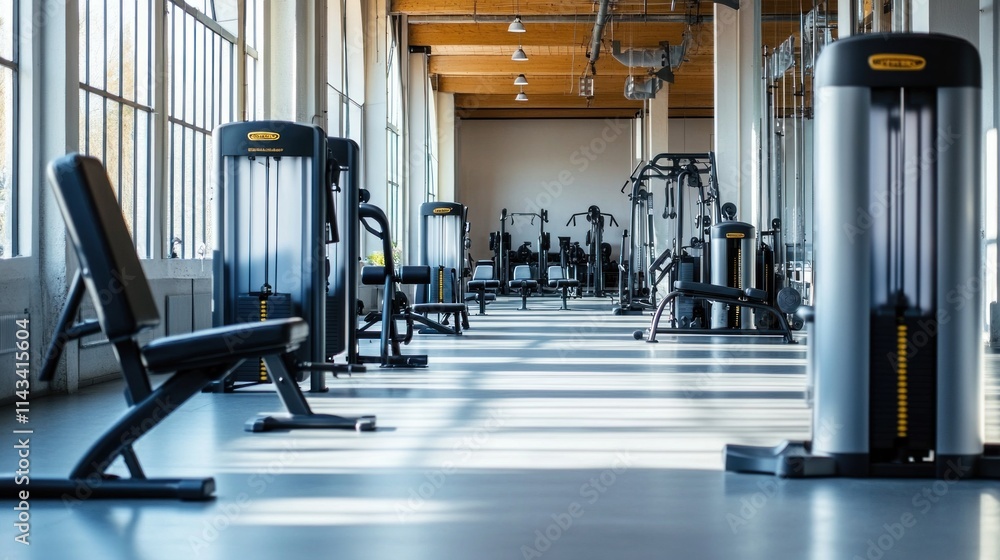 Fototapeta premium A modern gym with clean, industrial-style design, featuring sleek, high-tech fitness equipment, a spacious layout, and contemporary furnishings that create an energizing atmosphere.