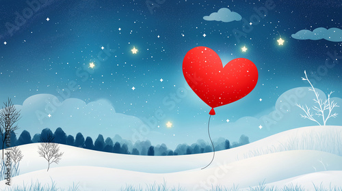 A whimsical heart-shaped balloon floating in a starry sky.