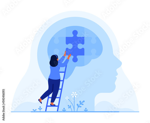 Woman placing a puzzle piece in a brain silhouette. Mental health, therapy, psychotherapy, psychology, psychiatry, neurology, memory concept. Flat vector illustration isolated on white background