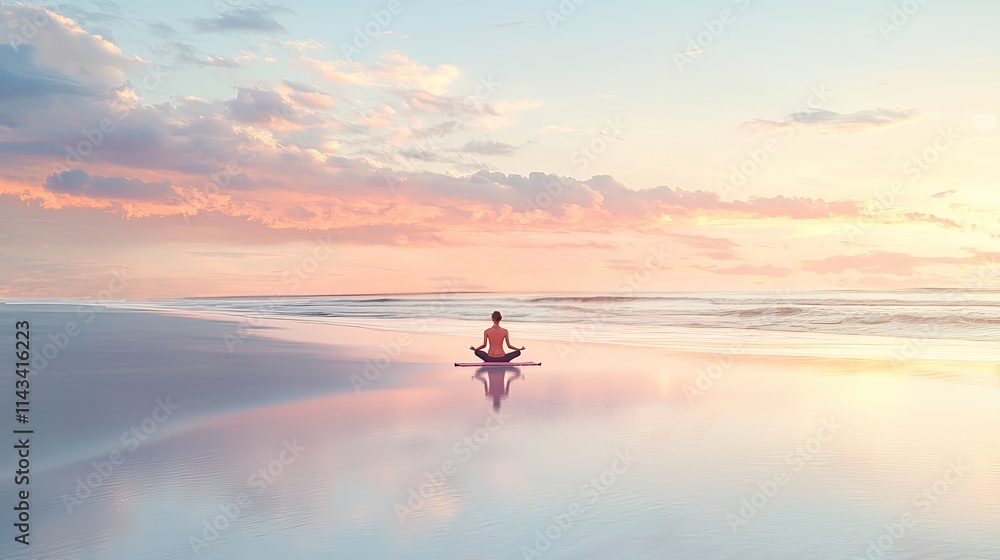 Fototapeta premium A calming image of an individual practicing yoga at sunrise on a peaceful beach, reflecting the connection between nature and mental well-being, with soft pastel colors i