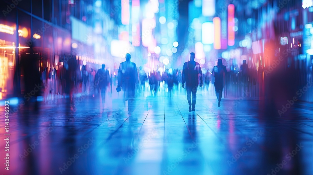 A city street at night illuminated by neon lights, paired with shadowy figures, highlighting the mystery of urban life. A city street at night illuminated by neon lights, paired with shadowy figures, highlighting the mystery of urban life.