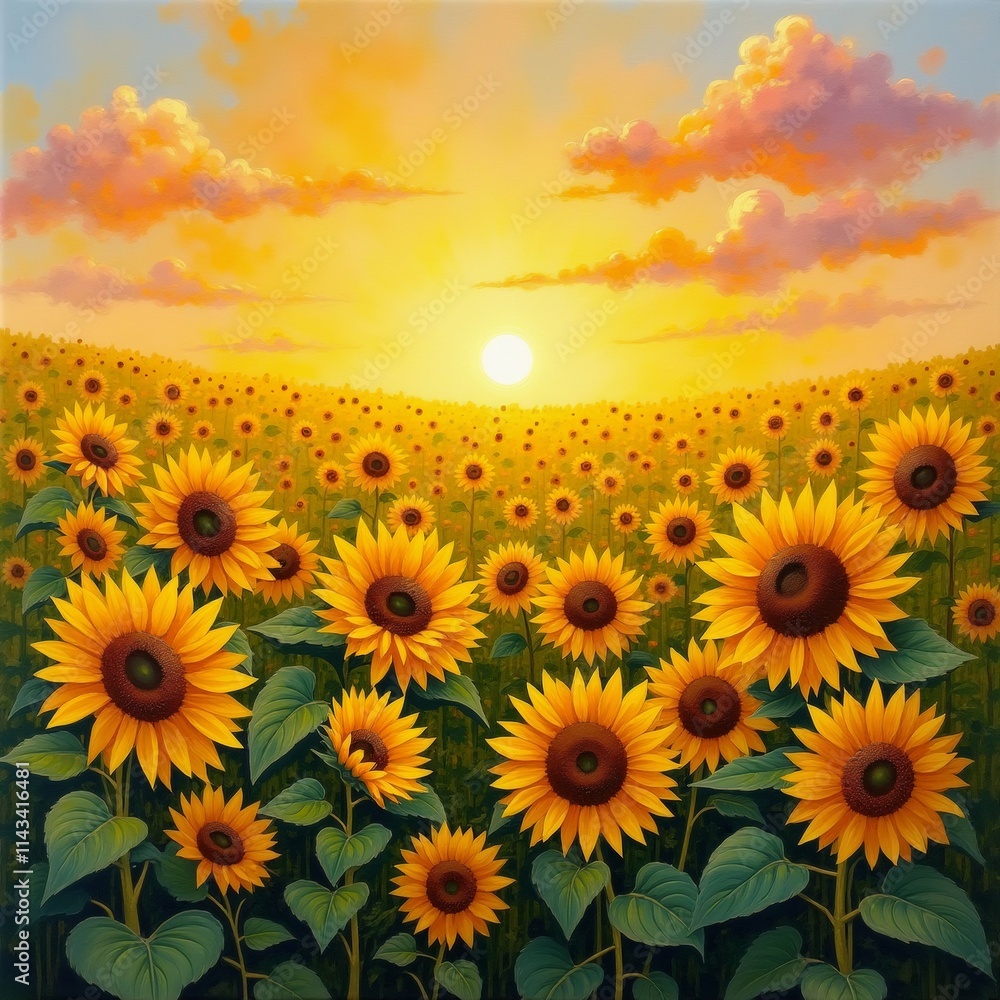 Fototapeta premium The image is a painting of a field of sunflowers at sunset. The sky is painted in a warm orange and yellow hue, with the sun setting in the background.