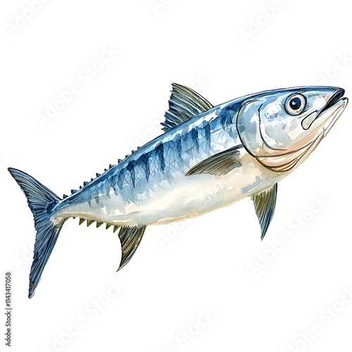 Watercolor illustration of a Spanish Mackerel fish swimming against a white background. photo