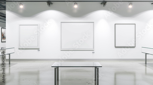 Stylish art gallery featuring white blank wall frame mockup, minimalist glass tables, and bright spotlights.