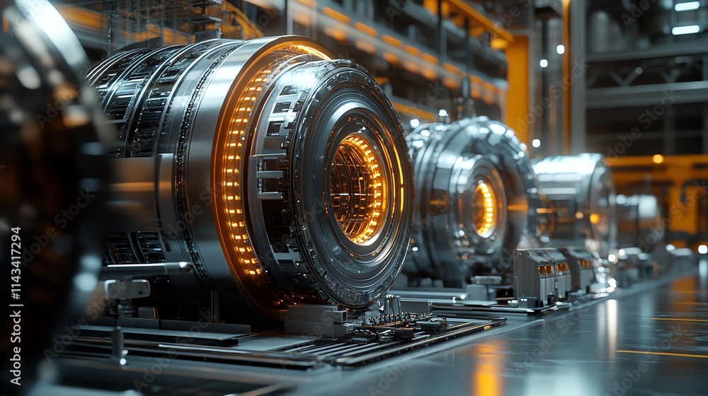 Futuristic machinery with glowing components in a high-tech industrial setting. Futuristic machinery with glowing components in a high-tech industrial setting.