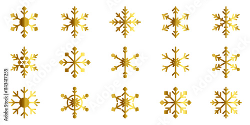 set of editable golden snowflakes, for christmas banner cards, freezer technology or fore casting weather, frozen freeze or cold symbol vector	