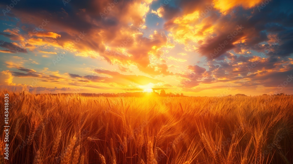 Obraz premium Wheat field at beautiful sunset, AI generated image