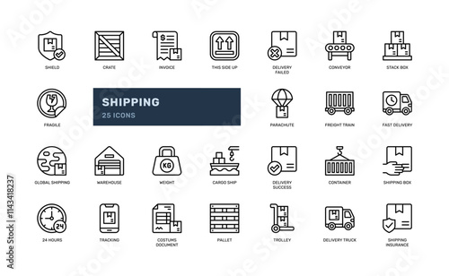 Shipping delivery logistics shipment global distribution outline line icon set