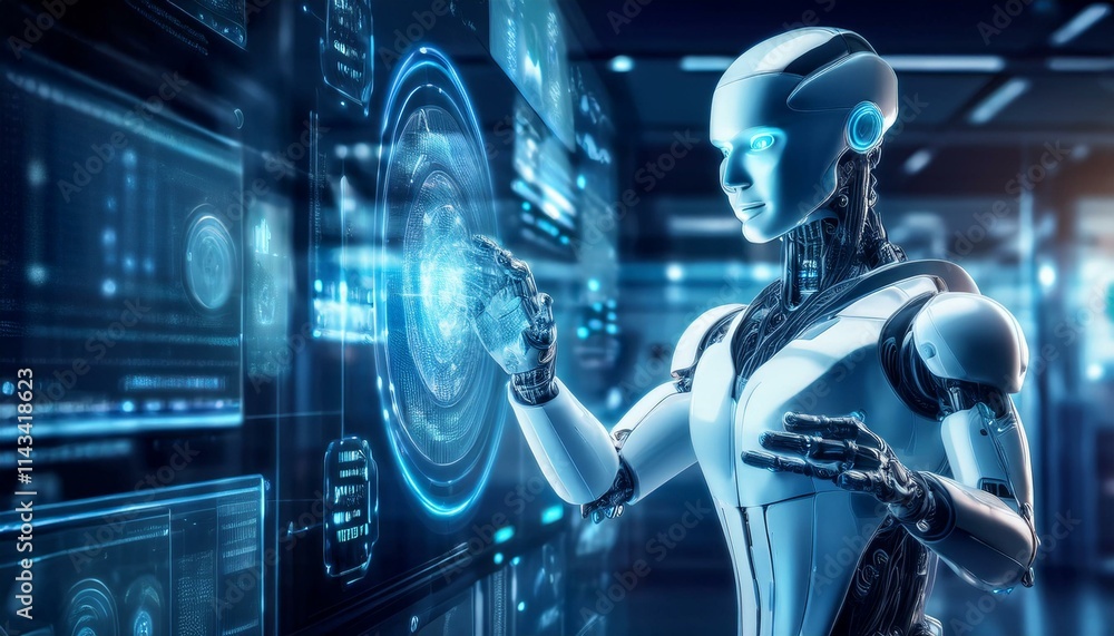 AI Robot Interacts with Data: A futuristic, photorealistic image of an advanced AI robot interacts with complex data visualizations. AI Robot Interacts with Data: A futuristic, photorealistic image of an advanced AI robot interacts with complex data visualizations.