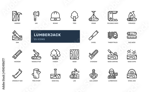 Lumberjack woodcutting wood industry tree forest outline line icon set