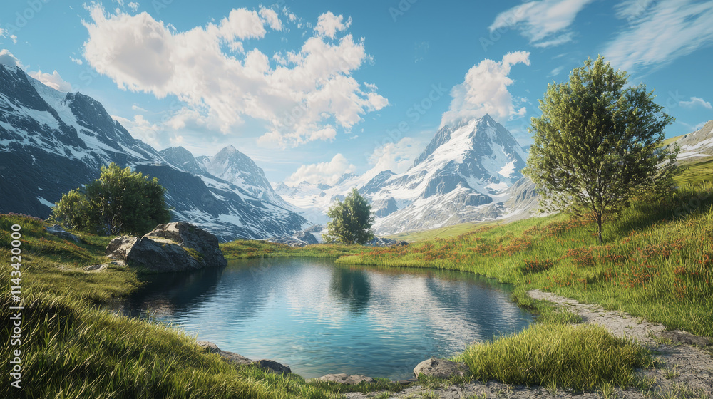 Scenic Mountain Landscape with a Serene Lake and Snow-Capped Peaks Scenic Mountain Landscape with a Serene Lake and Snow-Capped Peaks