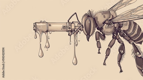 Intriguing conceptual illustration of a robotic bee equipped with metallic features, dripping honey, blending nature and futuristic technology themes. AI generated. photo