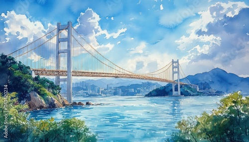 Watercolor Painting of Modern Suspension Bridge Over Blue Sea for Democracy and National Unity Day in Turkey