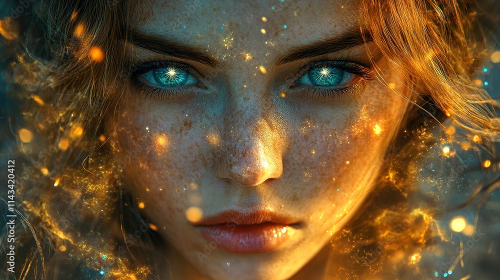 Mystical Woman Portrait: Golden Sparkles and Cosmic Gaze Mystical Woman Portrait: Golden Sparkles and Cosmic Gaze