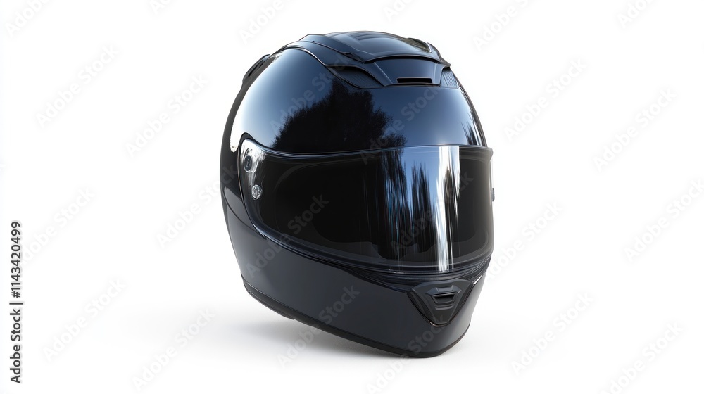 A realistic motorcycle helmet with a glossy finish, showing detailed features such as the faceguard, chin strap, and ventilation holes, isolated against a white background. A realistic motorcycle helmet with a glossy finish, showing detailed features such as the faceguard, chin strap, and ventilation holes, isolated against a white background.