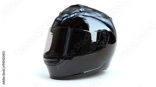 A realistic motorcycle helmet with a glossy finish, showing detailed features such as the faceguard, chin strap, and ventilation holes, isolated against a white background. photo