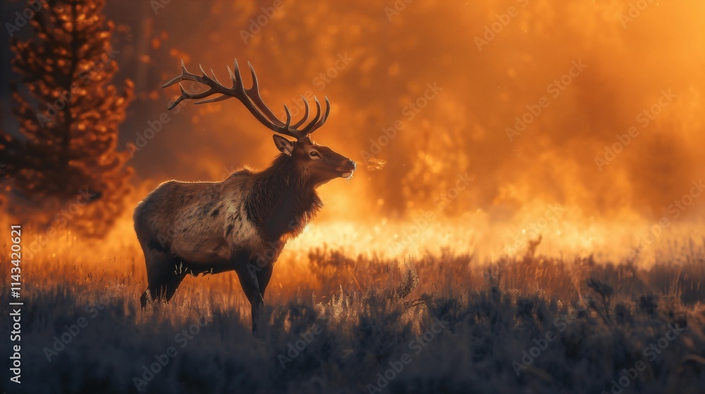 Majestic Elk in Autumn Forest Scene at Sunrise Majestic Elk in Autumn Forest Scene at Sunrise