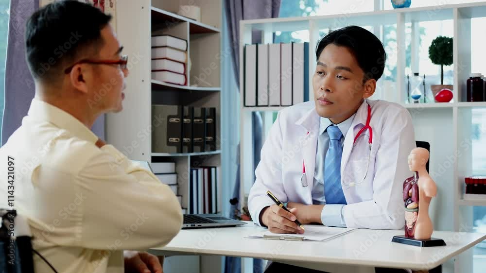 Asian male doctor gives an explanation to an elderly male patient during consultation in clinic and talks with senior male patient about illnesses and diseases. Doctor's concept Asian male doctor gives an explanation to an elderly male patient during consultation in clinic and talks with senior male patient about illnesses and diseases. Doctor's concept