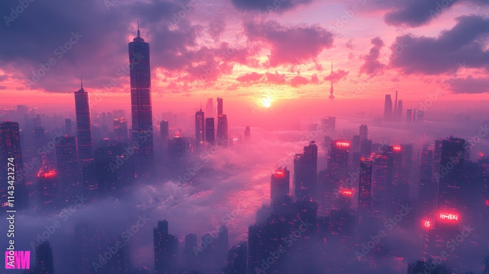 Fototapeta premium Futuristic city skyline, pink sunset, hazy clouds.