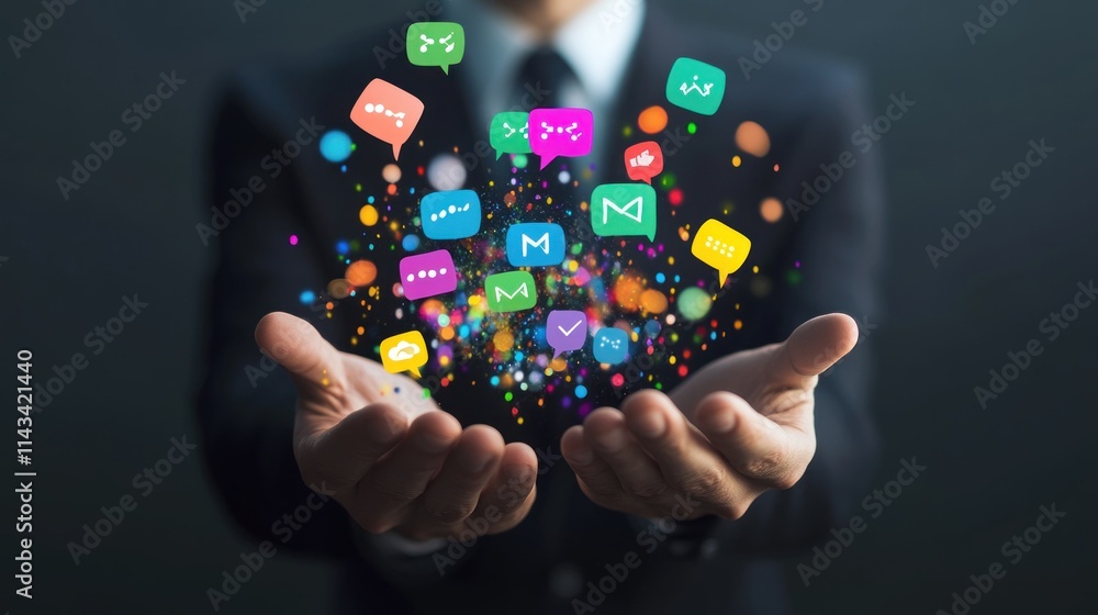 A sleek 3D rendering of a businessman holding colorful digital speech bubbles, with social media message icons floating in the air between his hands, symbolizing modern communication. A sleek 3D rendering of a businessman holding colorful digital speech bubbles, with social media message icons floating in the air between his hands, symbolizing modern communication.