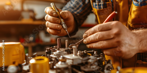 Mechanics Repair Troubleshooting and Reliability. A person works on machinery, using tools to repair and maintain equipment in a workshop filled with various mechanical parts.
 photo