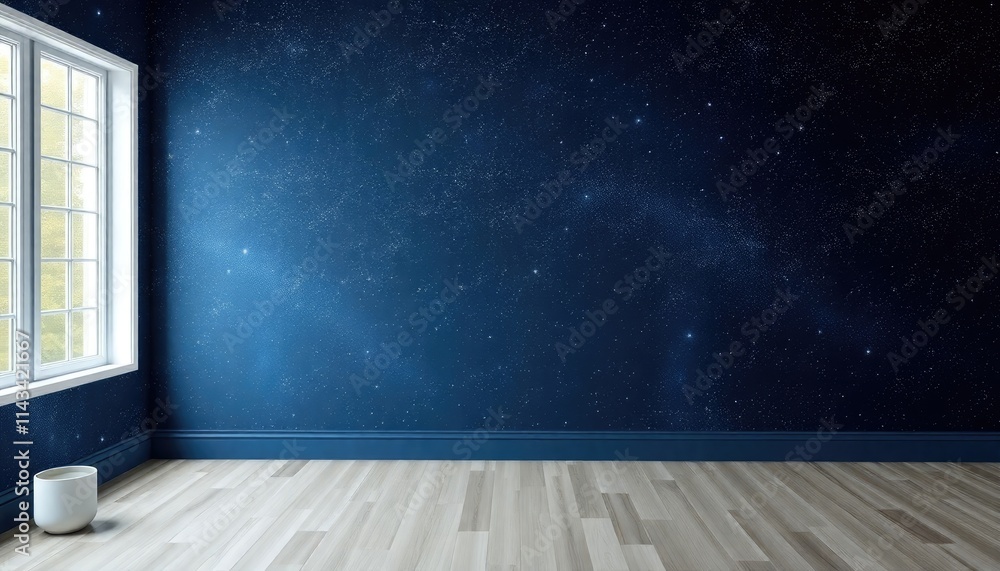 Celestial Sky Living Room Wallpaper with starry celestial sky patterns. The skirting boards are painted in midnight blue. Celestial Sky Living Room Wallpaper with starry celestial sky patterns. The skirting boards are painted in midnight blue.