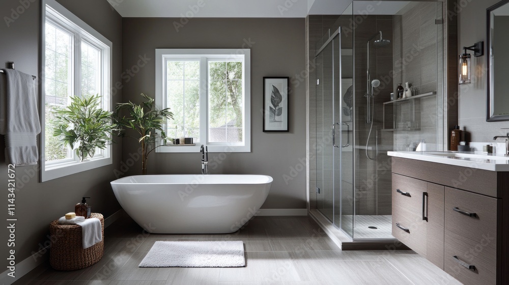 A sleek modern bathroom with a freestanding tub, large walk-in shower, and minimalistic fixtures, featuring clean lines and neutral tones for a sophisticated, relaxing atmosphere. A sleek modern bathroom with a freestanding tub, large walk-in shower, and minimalistic fixtures, featuring clean lines and neutral tones for a sophisticated, relaxing atmosphere.