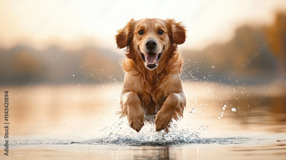 Adventurous golden retriever jumping in picturesque lake environment Adventurous golden retriever jumping in picturesque lake environment