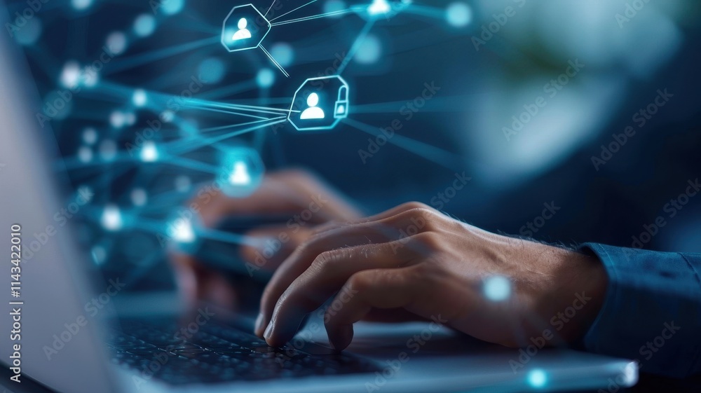 A close-up of hands typing on a laptop, with digital connections and icons representing networking and communication. A close-up of hands typing on a laptop, with digital connections and icons representing networking and communication.
