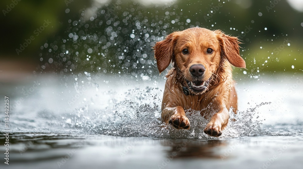 Adventurous golden retriever splashes in picturesque lake scene Adventurous golden retriever splashes in picturesque lake scene