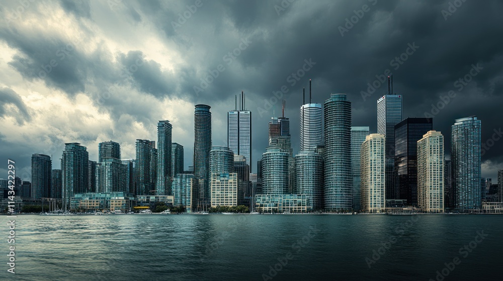 A dramatic shot of Financial District on a cloudy day, with business skyscrapers piercing the sky. The tall buildings stand strong against the overcast backdrop, embodying the strength of the economy A dramatic shot of Financial District on a cloudy day, with business skyscrapers piercing the sky. The tall buildings stand strong against the overcast backdrop, embodying the strength of the economy