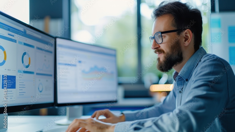 A focused professional analyzes data on dual monitors, showcasing charts and graphs in a bright, modern office environment. A focused professional analyzes data on dual monitors, showcasing charts and graphs in a bright, modern office environment.