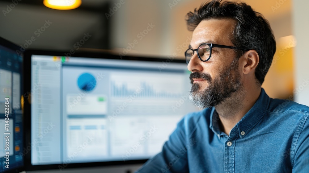 A focused man with glasses analyzes data on dual monitors in a modern workspace. A focused man with glasses analyzes data on dual monitors in a modern workspace.