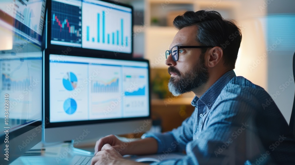 A focused man analyzes data on multiple monitors, displaying various charts and graphs, in a modern office setting. A focused man analyzes data on multiple monitors, displaying various charts and graphs, in a modern office setting.