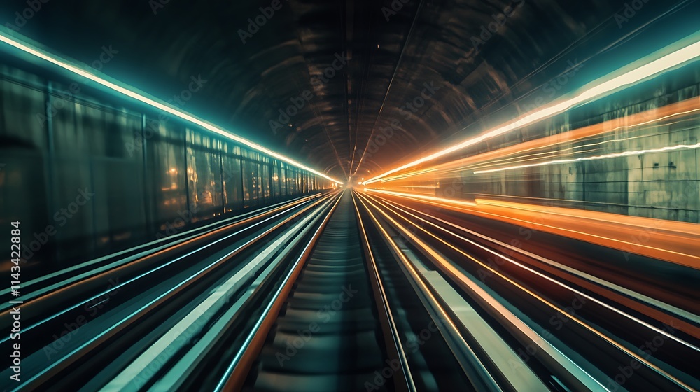 Subway Tunnel Perspective with Motion Blur. Concept of Speed, Futuristic, and Urban Transportation. Subway Tunnel Perspective with Motion Blur. Concept of Speed, Futuristic, and Urban Transportation.