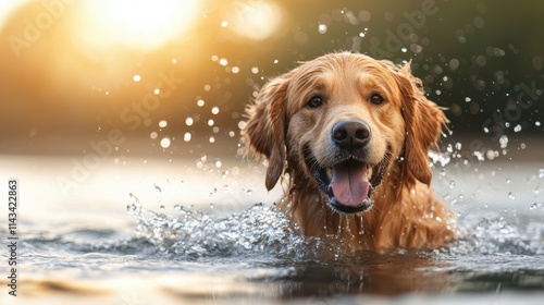 Wallpaper Mural Adventurous golden retriever splashing playfully in picturesque lake Torontodigital.ca