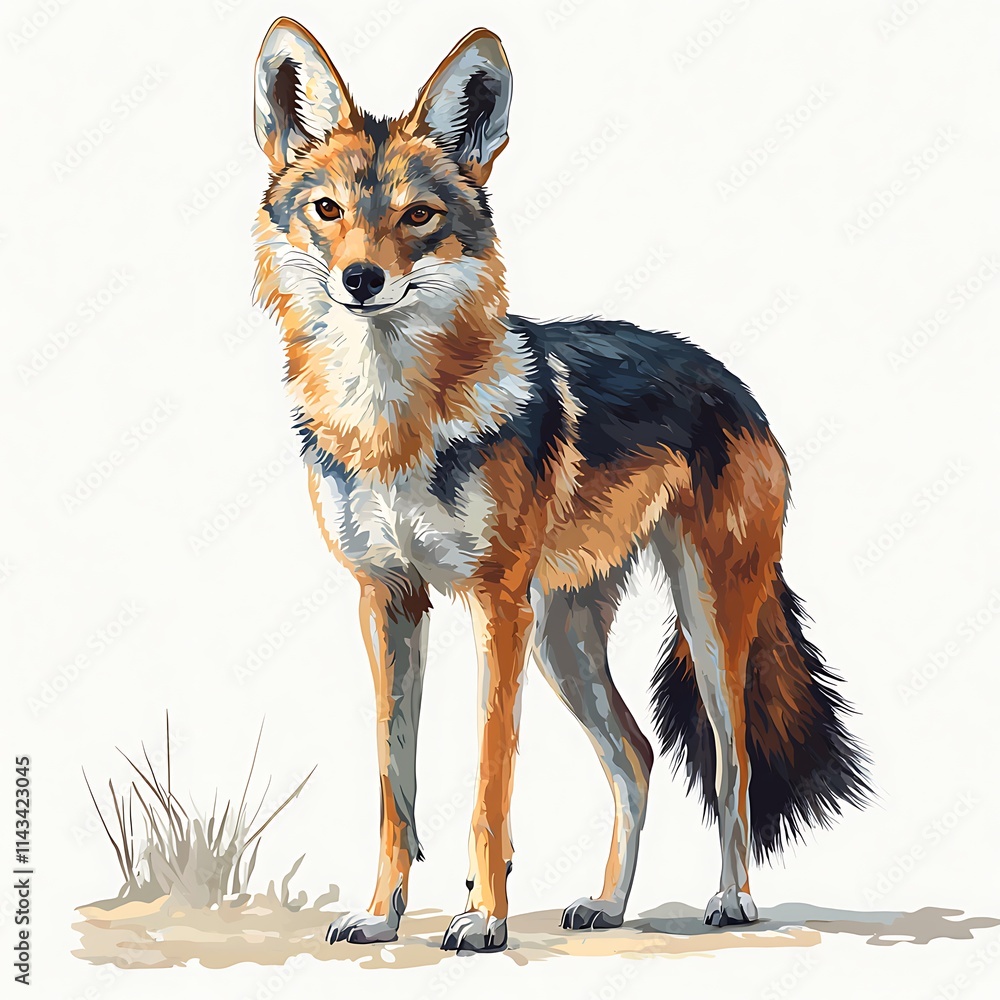 Obraz premium A Vibrant Artistic Portrait of a Black-backed Jackal Against a White Background.