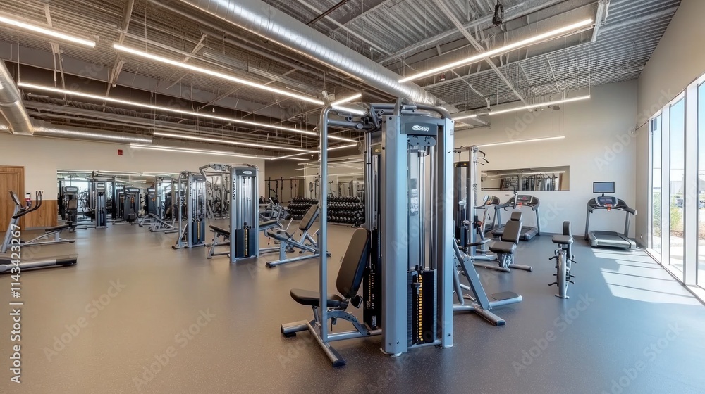 A spacious modern gym with minimalist decor, featuring high-end cardio and weight training equipment, sleek flooring, and contemporary lighting that enhances the space. A spacious modern gym with minimalist decor, featuring high-end cardio and weight training equipment, sleek flooring, and contemporary lighting that enhances the space.